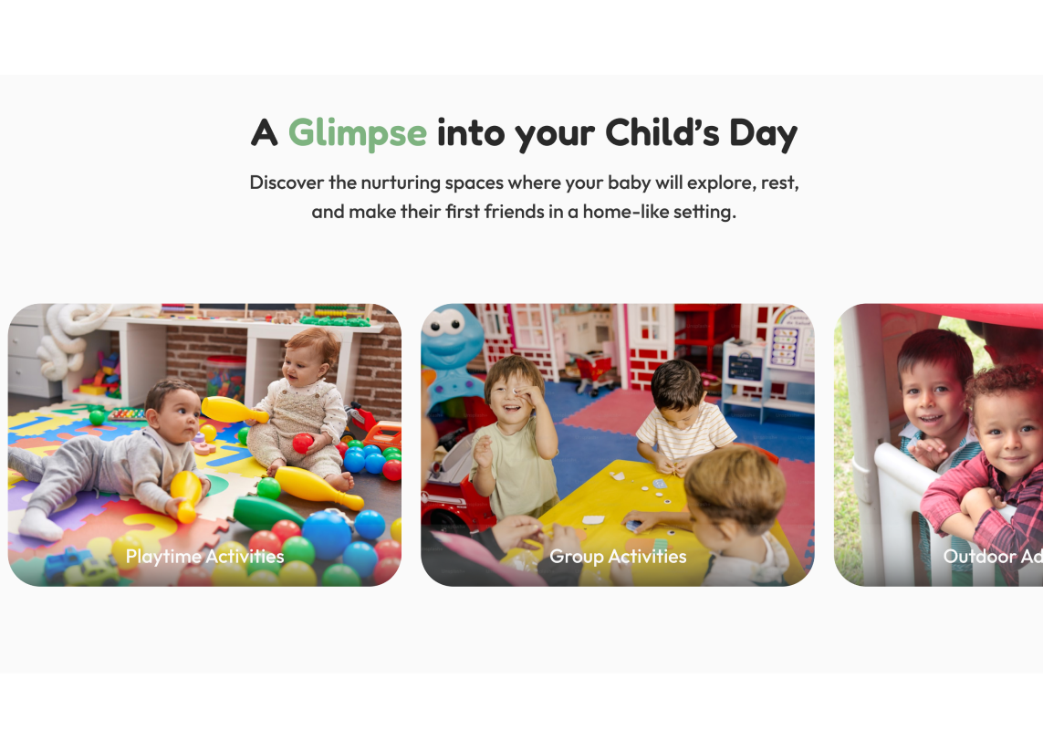 Giggles visual design — A Glimpse into your Child's Day section with three warm photo tiles showing play, group activities, and outdoor spaces